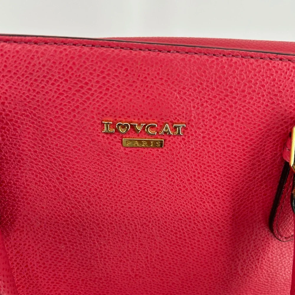 LOVCAT Paris Pink Textured Leather‎ Heart Charm Satchel Handbag Gold Accents
